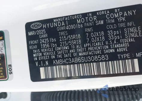 2025 Hyundai Kona Sel Convenience z USA, uszkodzony, nr VIN KM8HC3AB6SU308583
